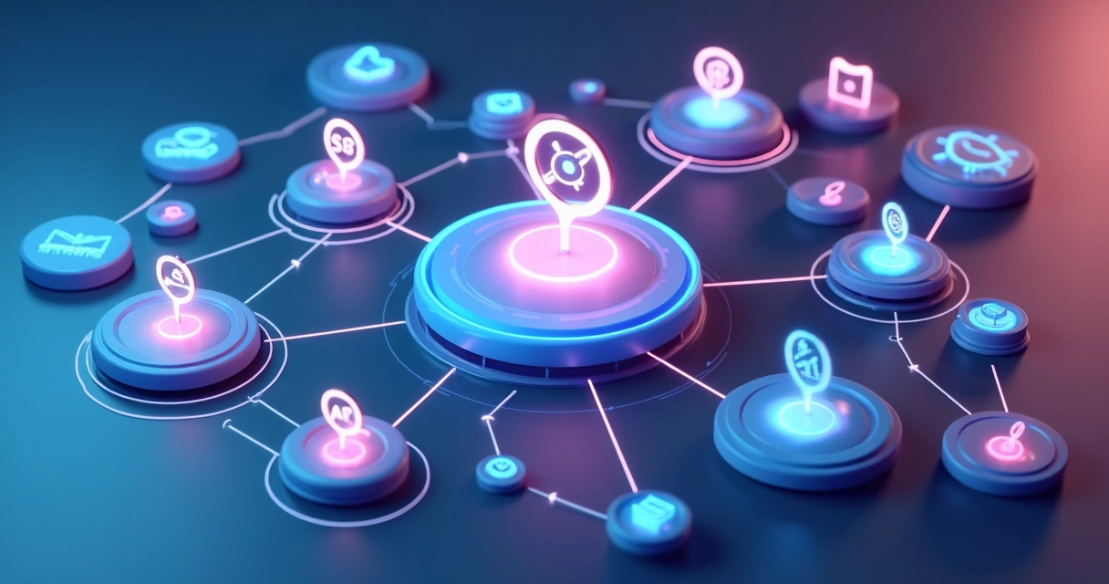 Modelo 3D mostrando fluxos automatizados de marketing digital com ícones de e-mail, WhatsApp e funil de vendas